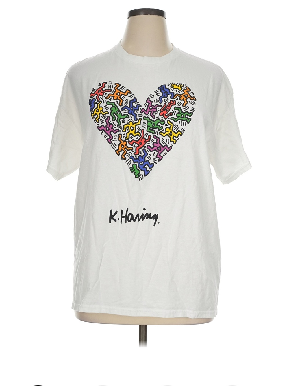 Keith Haring Tee with Multicolor Heart Graphic, White, XL, EUC